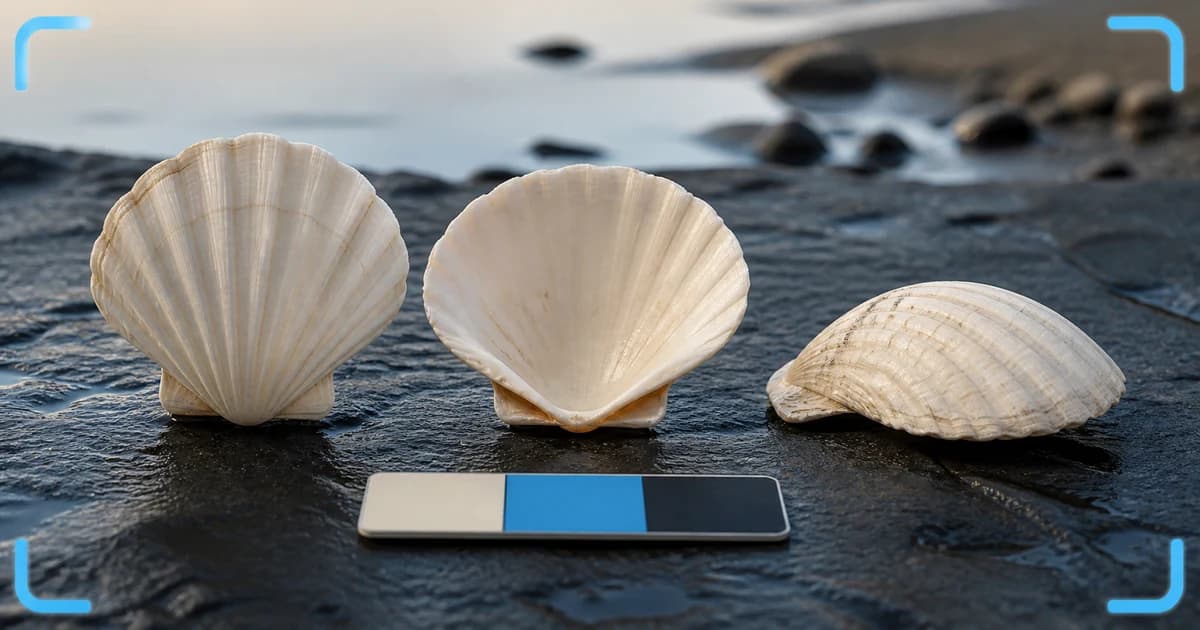 Three views of empty scallop-like shells documented on wet slate beside a neutral scale card