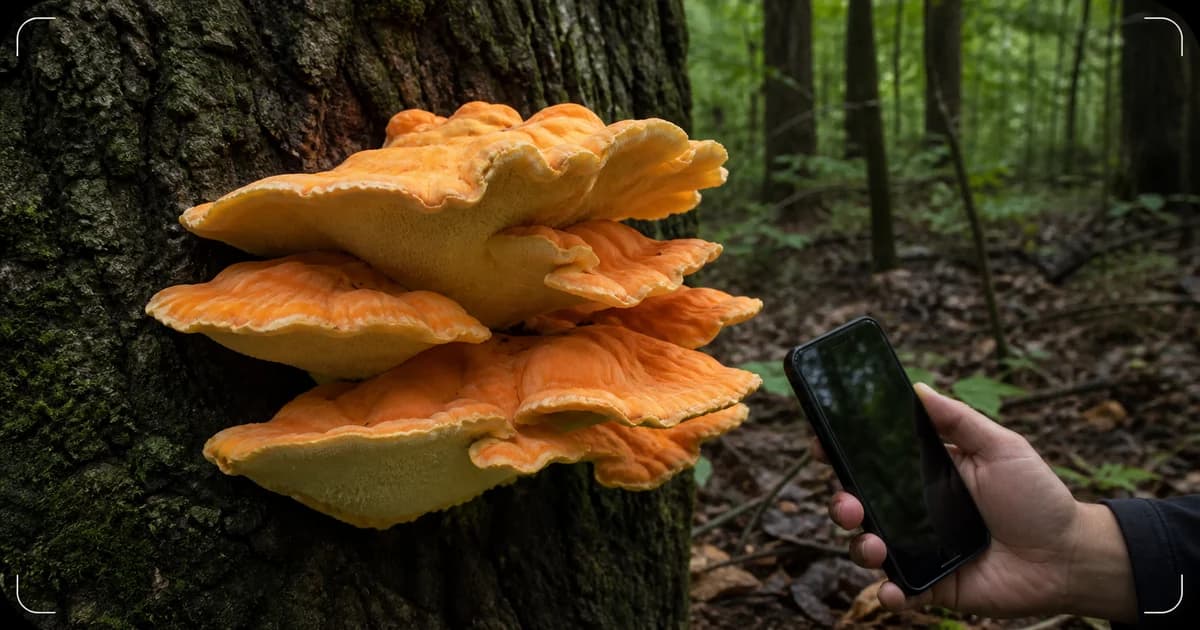 Orange chicken of the woods shelves with pale pores growing from a hardwood trunk while a person photographs them