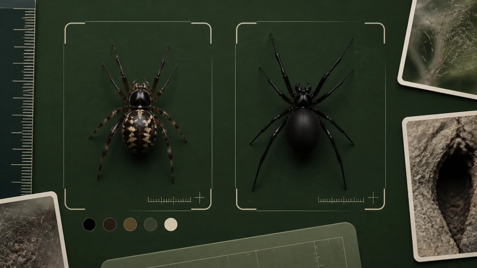 Illustrated false widow and black widow specimens in separate dark green observation frames with a ruler and habitat photo cards