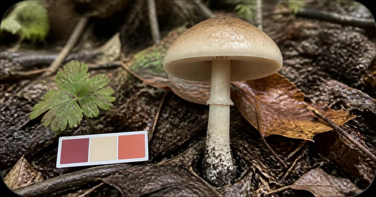 An intact mushroom photographed at ground level with its cap, gills, full stem, substrate, and a neutral scale card visible