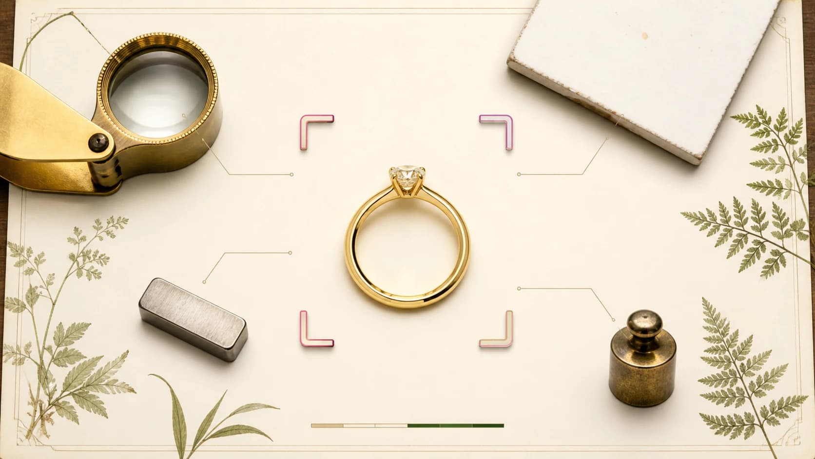 A fuchsia viewfinder frames a gold ring beside a loupe, magnet, ceramic tile, and scale weight