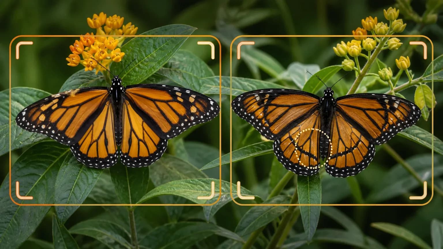 Monarch vs viceroy butterflies with open wings, showing the viceroy's black hindwing line