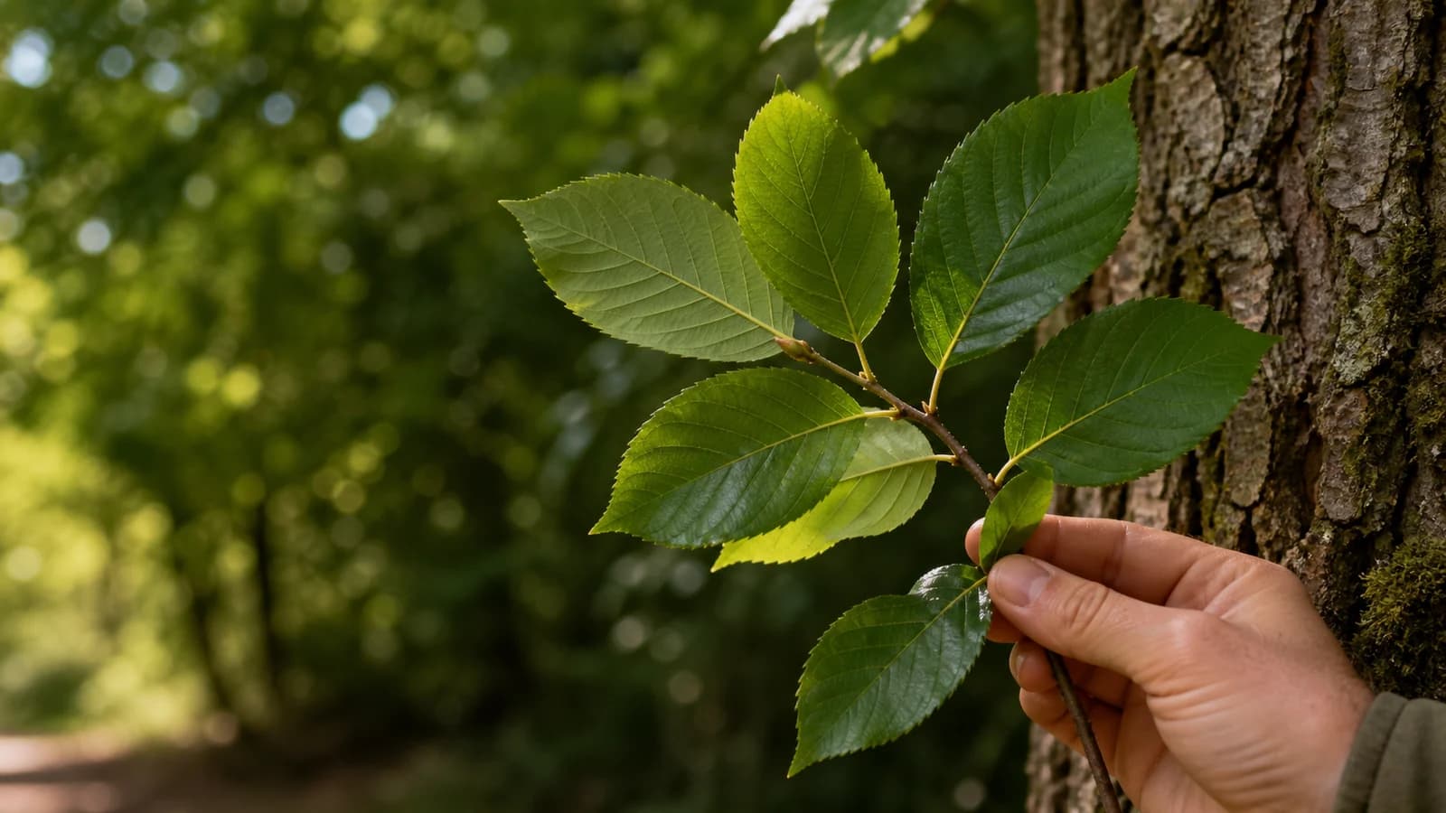 A hand holds an intact leafy twig beside the living tree while bark, buds, and canopy remain visible