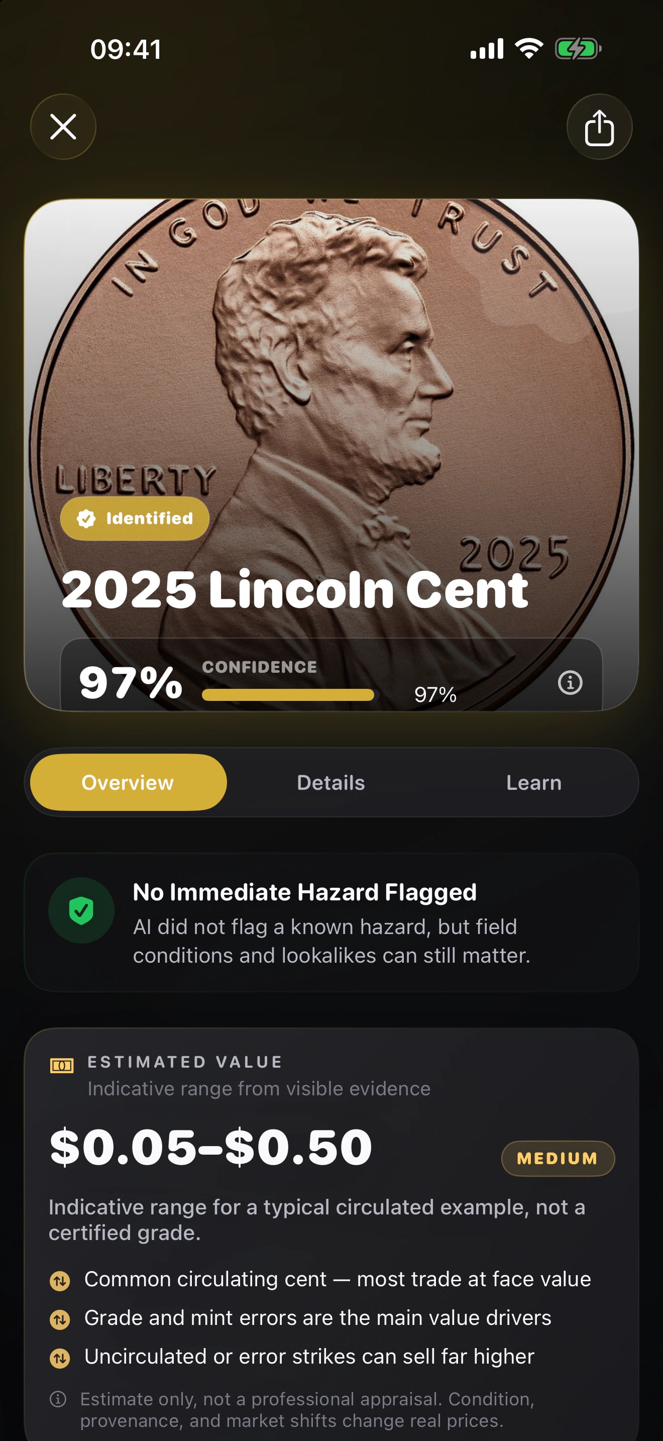Coinr shows a likely Lincoln Cent match with confidence and visible evidence