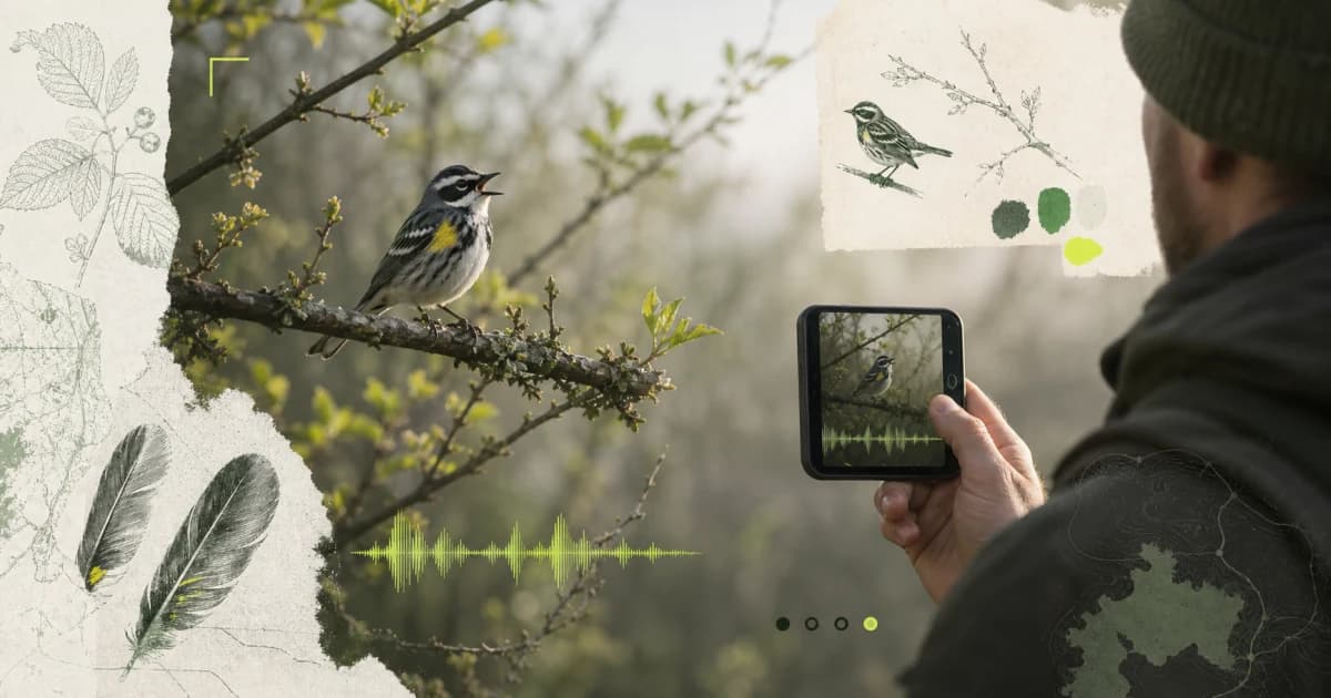 A birder records a singing warbler beside field-guide sketches and a restrained sound waveform
