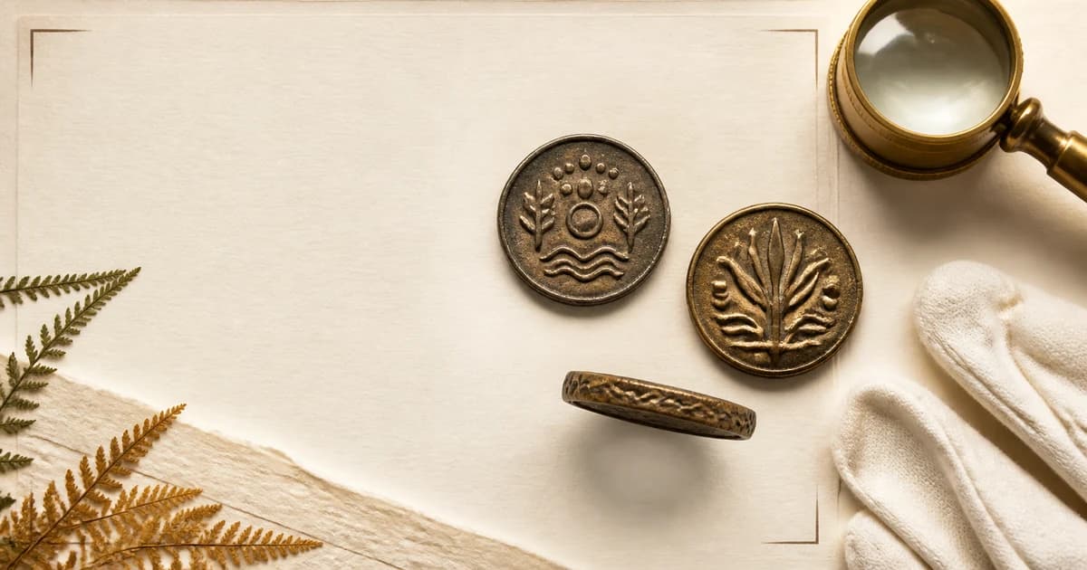 Three fictional coin faces and an edge view documented with a brass loupe and archival gloves