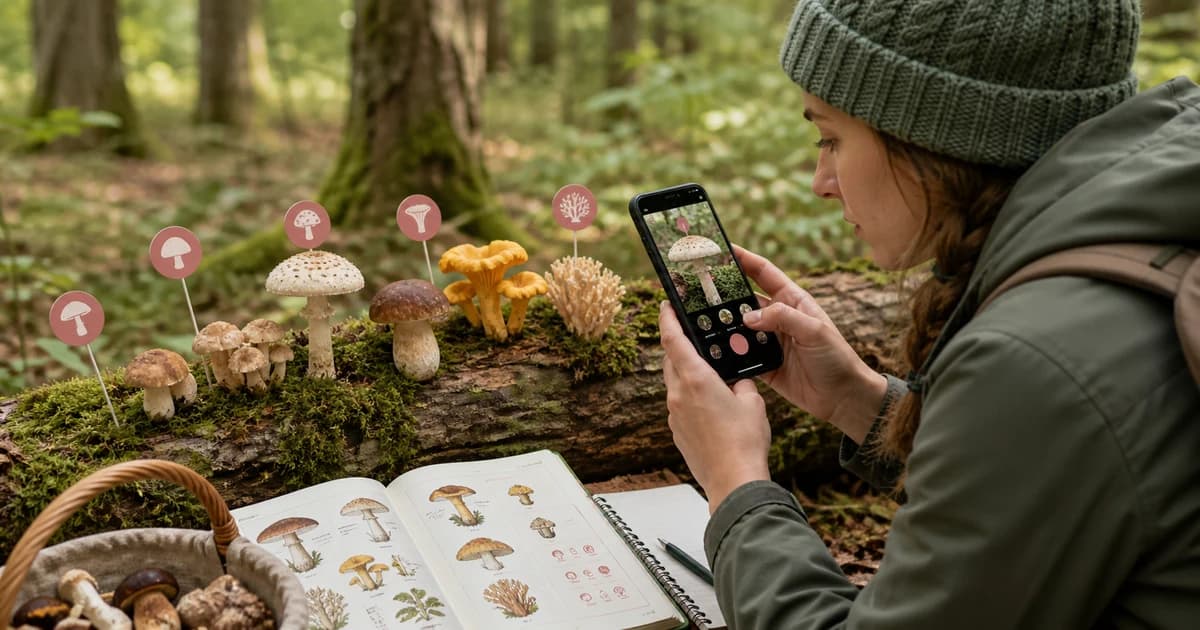 A person photographing the cap, underside, stem, and base of a wild mushroom beside a scale card