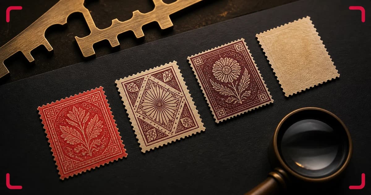 Three fictional stamps and one stamp back documented beside a perforation gauge and loupe