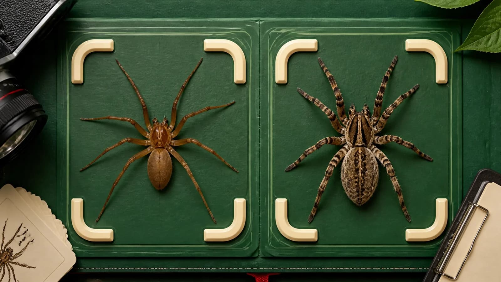 Illustrated brown recluse and wolf spider specimens in separate forest-green observation frames
