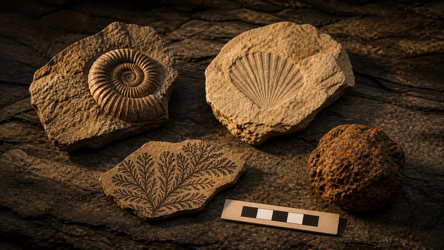 A fossil candidate and two mineral pseudofossils sit on a brown field evidence tray with a scale card