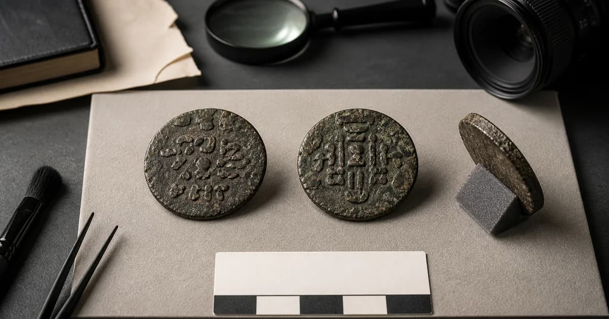 Both faces and the edge of a worn fictional coin documented on an archival mat