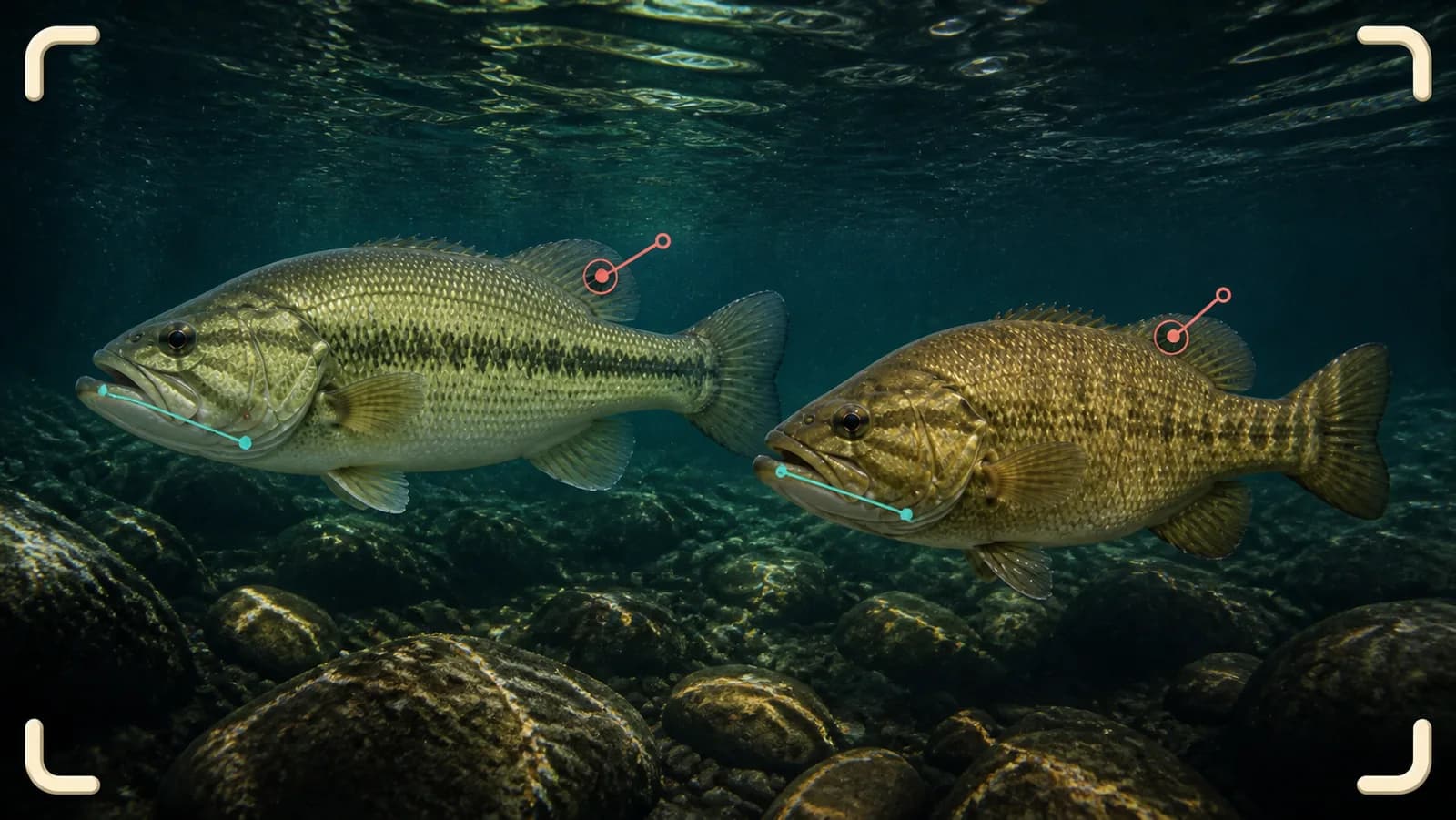 A largemouth bass and smallmouth bass shown side by side underwater for visual comparison