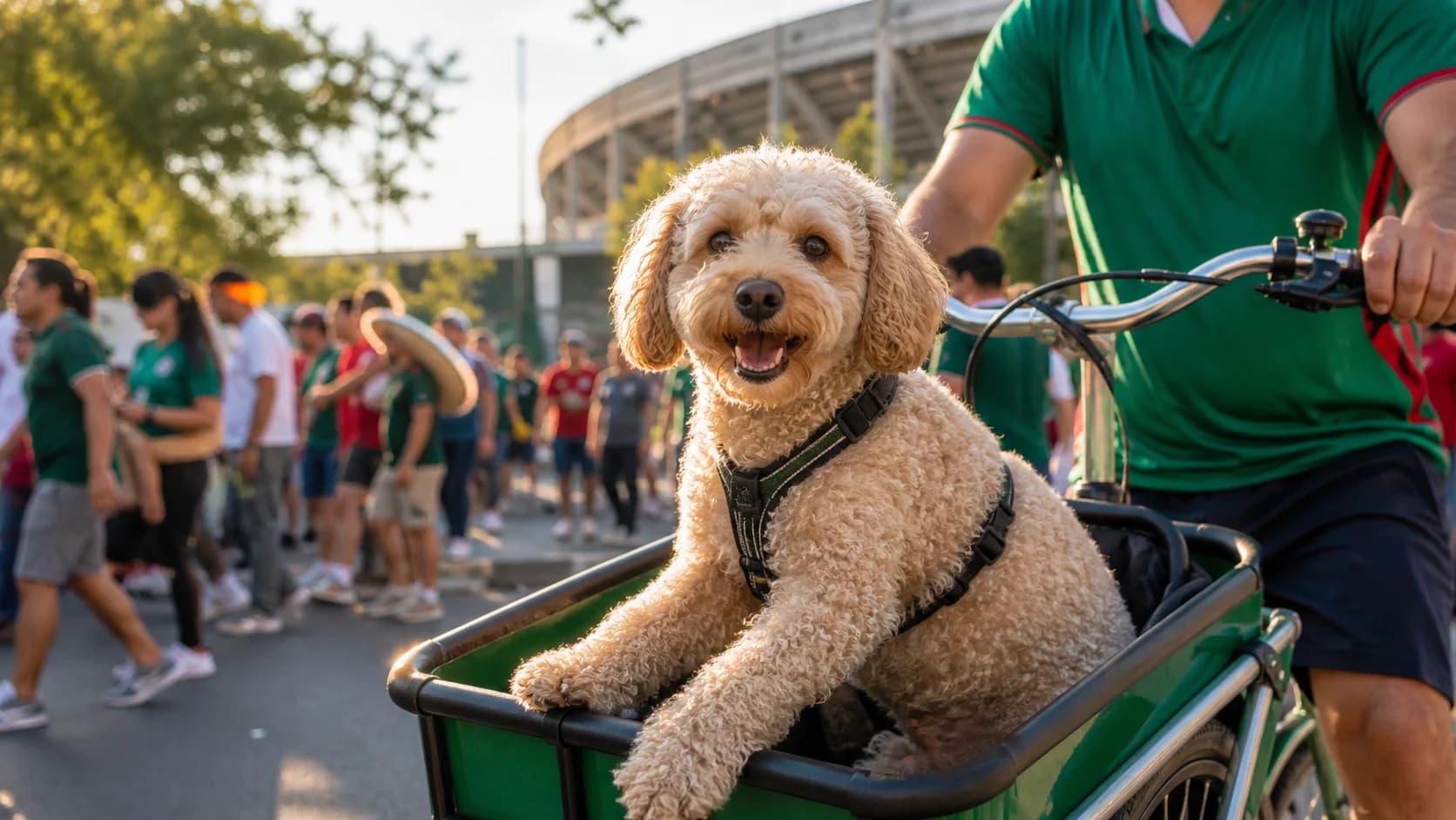 small curly-coated rescue dog secured in a cargo bicycle outside a football stadium