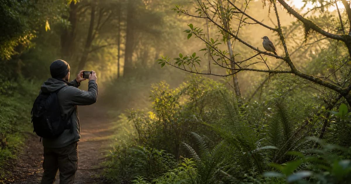 A wildlife observer photographs a generic bird from a respectful distance on a forest trail
