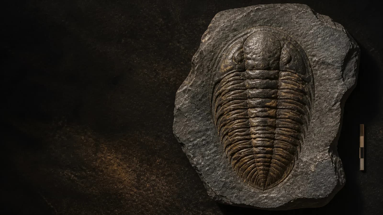 Illustrative trilobite fossil relief in a rough dark slab under warm specimen lighting.