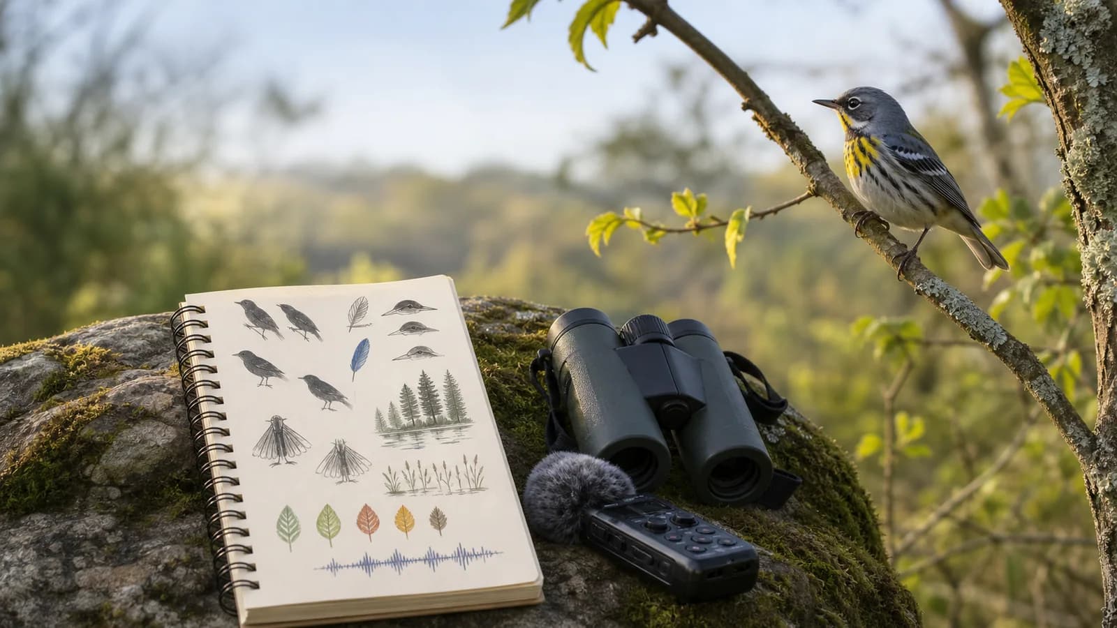 A field notebook organizes a warbler observation by silhouette, habitat, field marks, and voice beside binoculars and a recorder