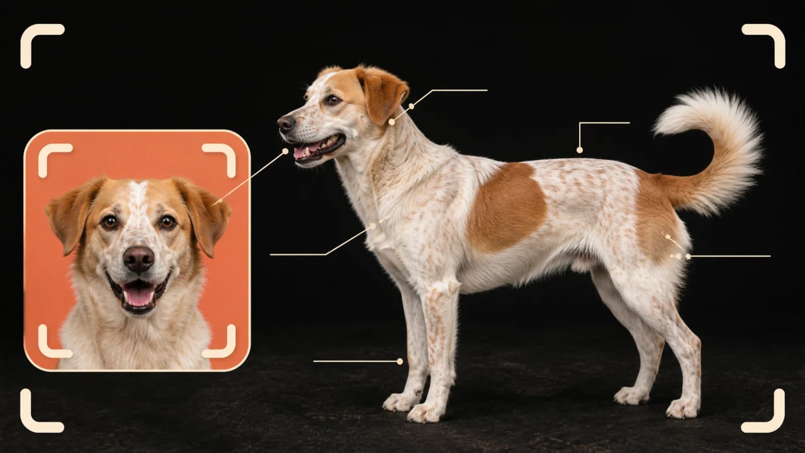 Front and side photographs of one mixed-breed dog with calm callouts for coat, ears, muzzle, frame, and tail