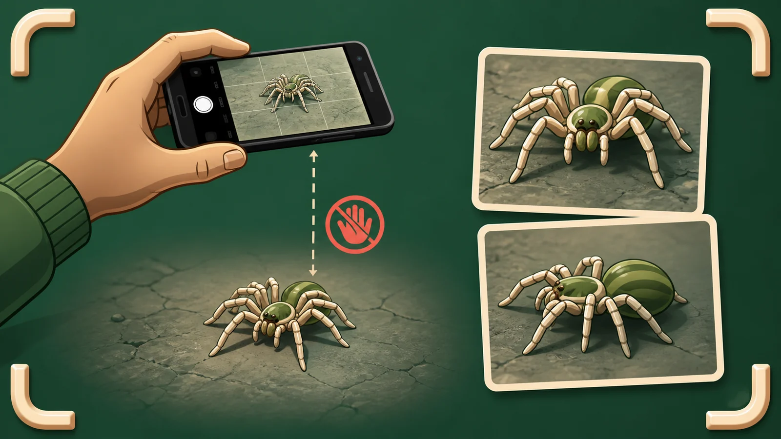 Phone camera records a spider from several safe angles inside Spidr's forest-green field-guide system
