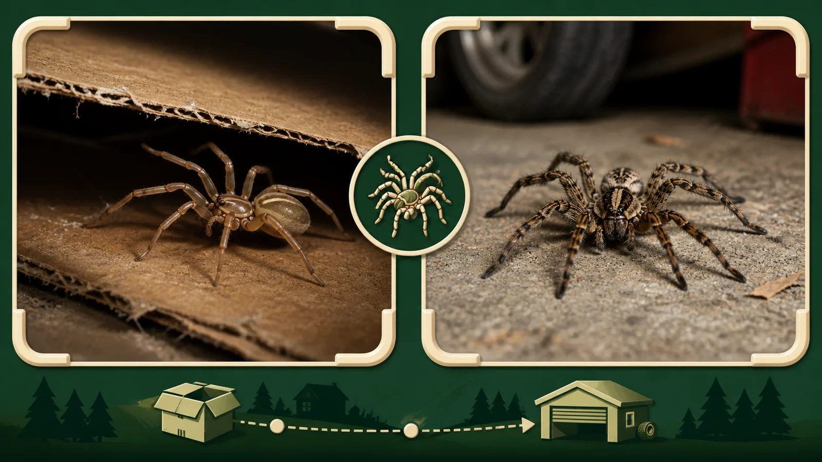A quiet cardboard-box crevice and an open garage floor show typical habitat clues without claiming proof