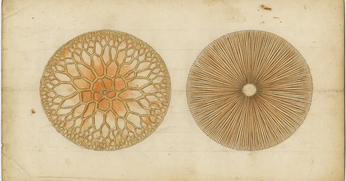 Underside comparison, blunt forked ridges against sharp true gills