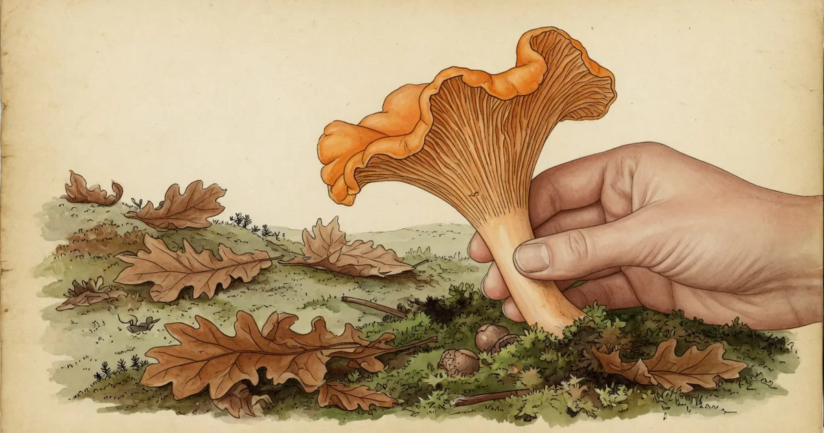 A hand tilting an orange mushroom to inspect gill texture in forest light