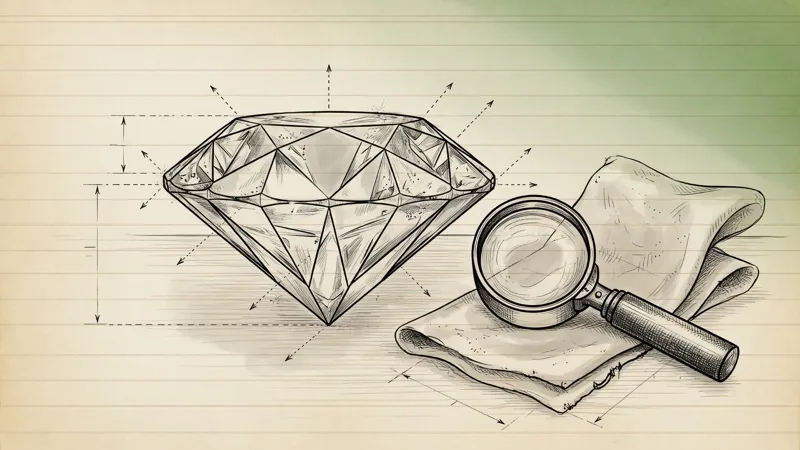 Close-up hand-drawn plate of a loose brilliant-cut stone beside a loupe and a soft cloth on aged paper