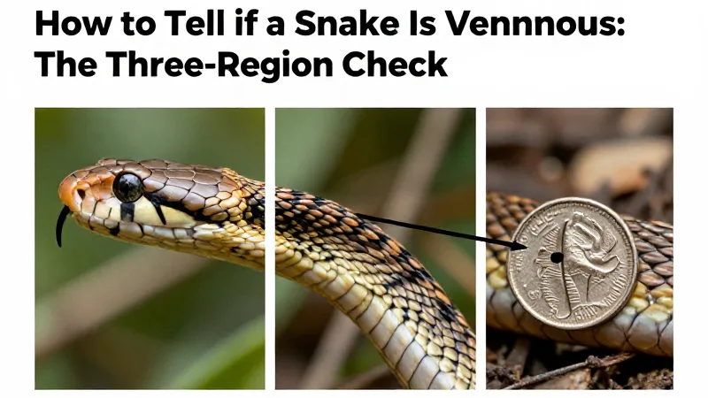 Three annotated photos side by side: a copperhead head profile (arrow pointing to pit), a rattlesnake mid-body pattern