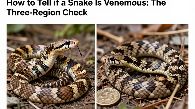 A split-screen comparison: left side shows a copperhead with hourglass bands, right side shows a juvenile rat snake with