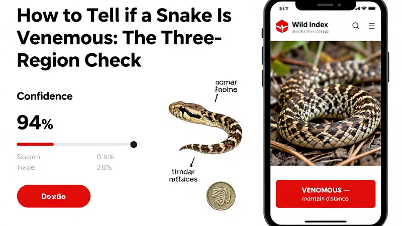 A phone screen showing the Wild Index snake identifier app with a photo of a timber rattlesnake, a confidence score of 94%,
