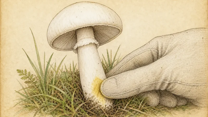 A gloved hand checking a yellow stain at a mushroom stem base